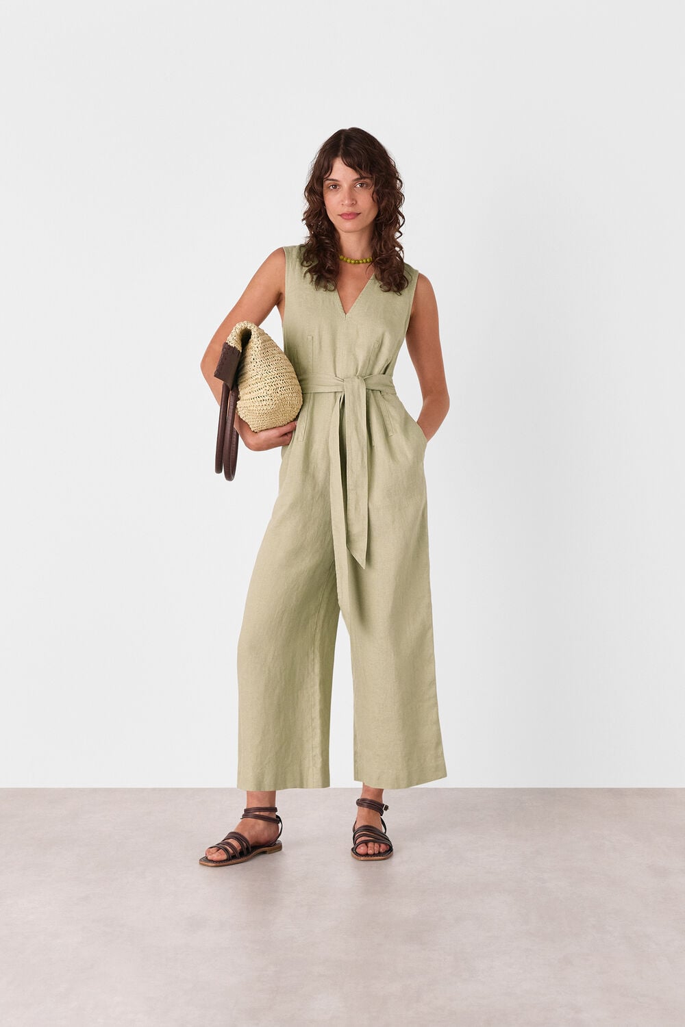Neutral Belted Seamed Linen Jumpsuit