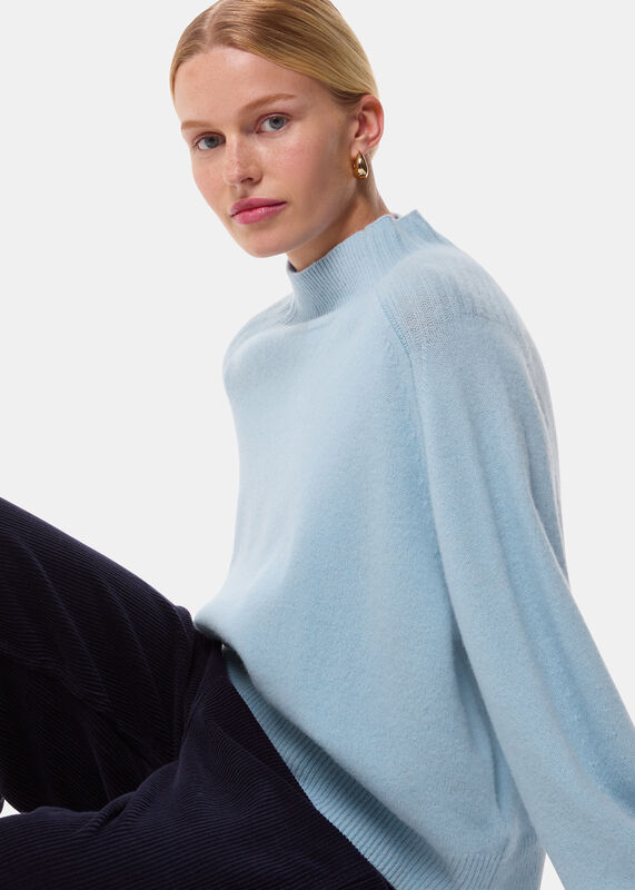 Pale Blue Wool Fleck Mock Neck Sweater