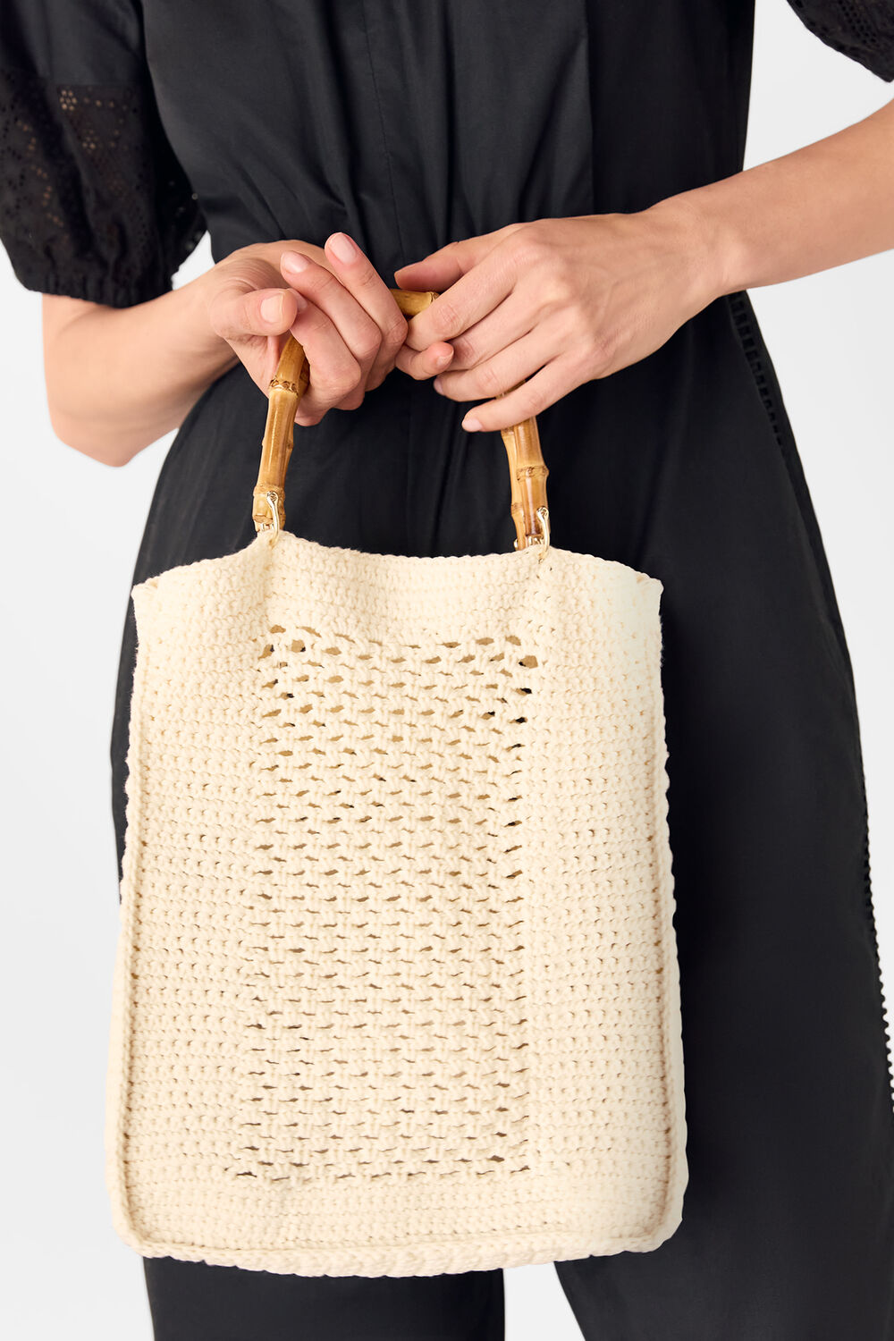 Cream Bamboo Handle Crochet Mini Bag
