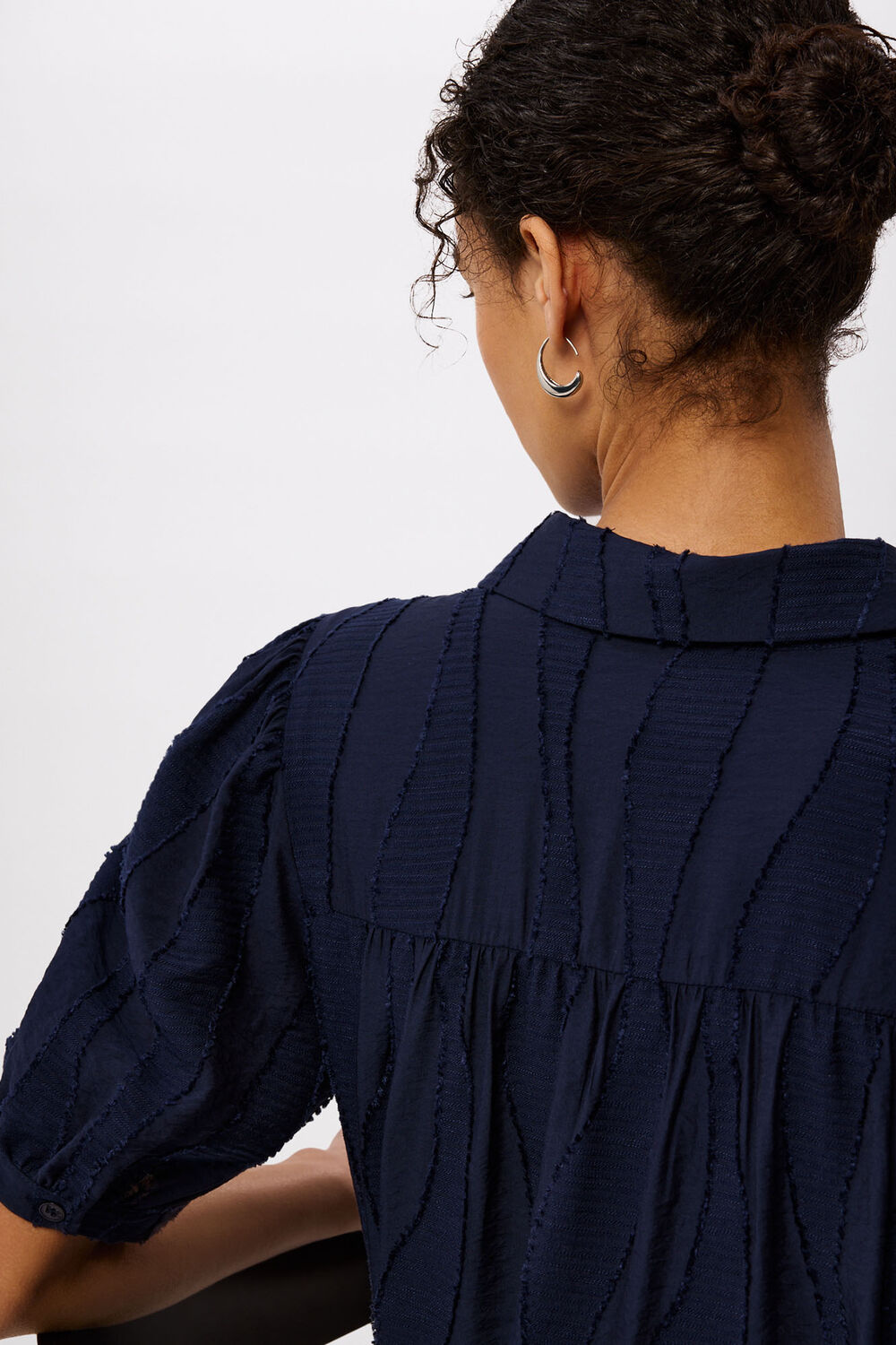 Navy Textured Drop Waist Midi Dress