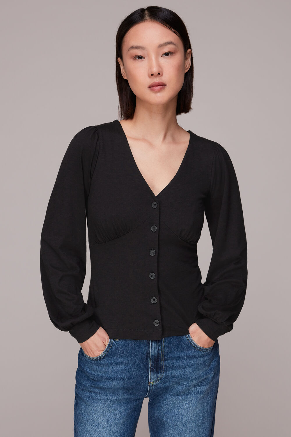 Black Amber V neck Button Top