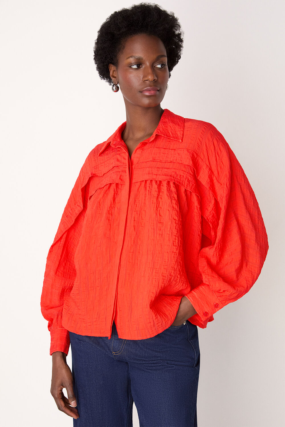 Red Textured Frill Detail Blouse