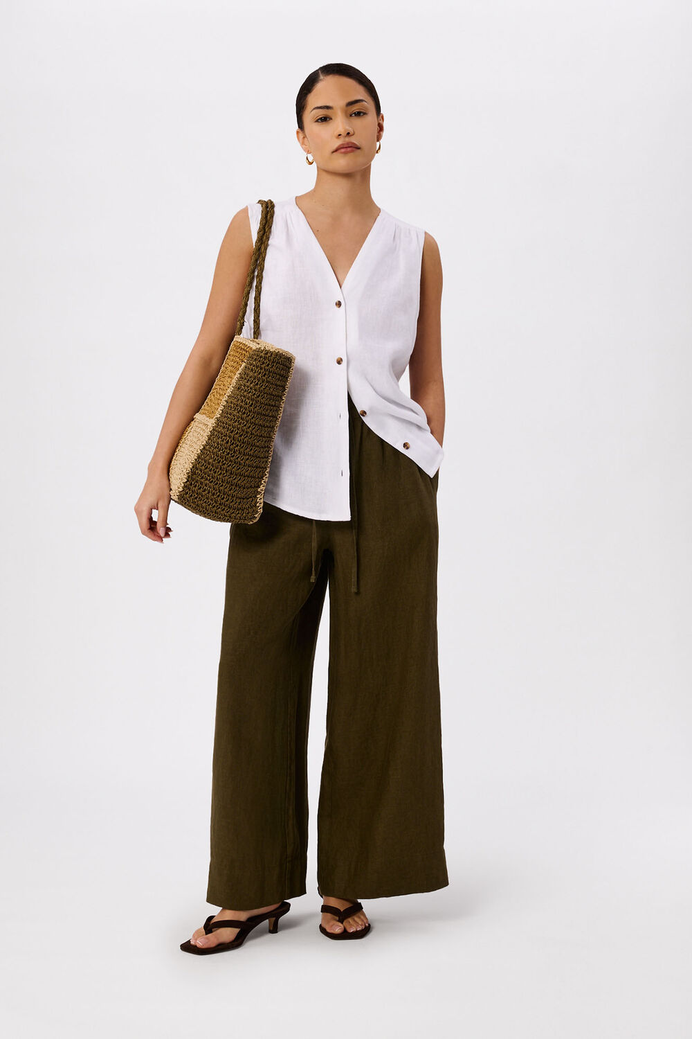 Khaki Petite Elasticated Linen Crop Trouser