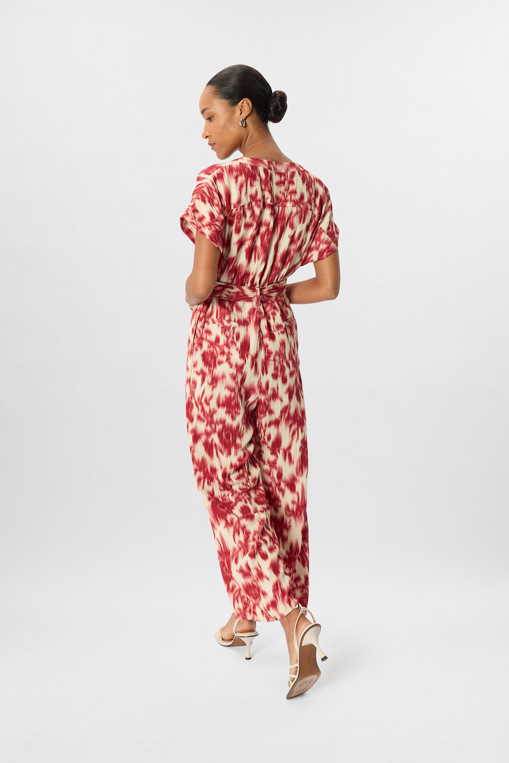 Red Blurred Floral Tie Jumpsuit