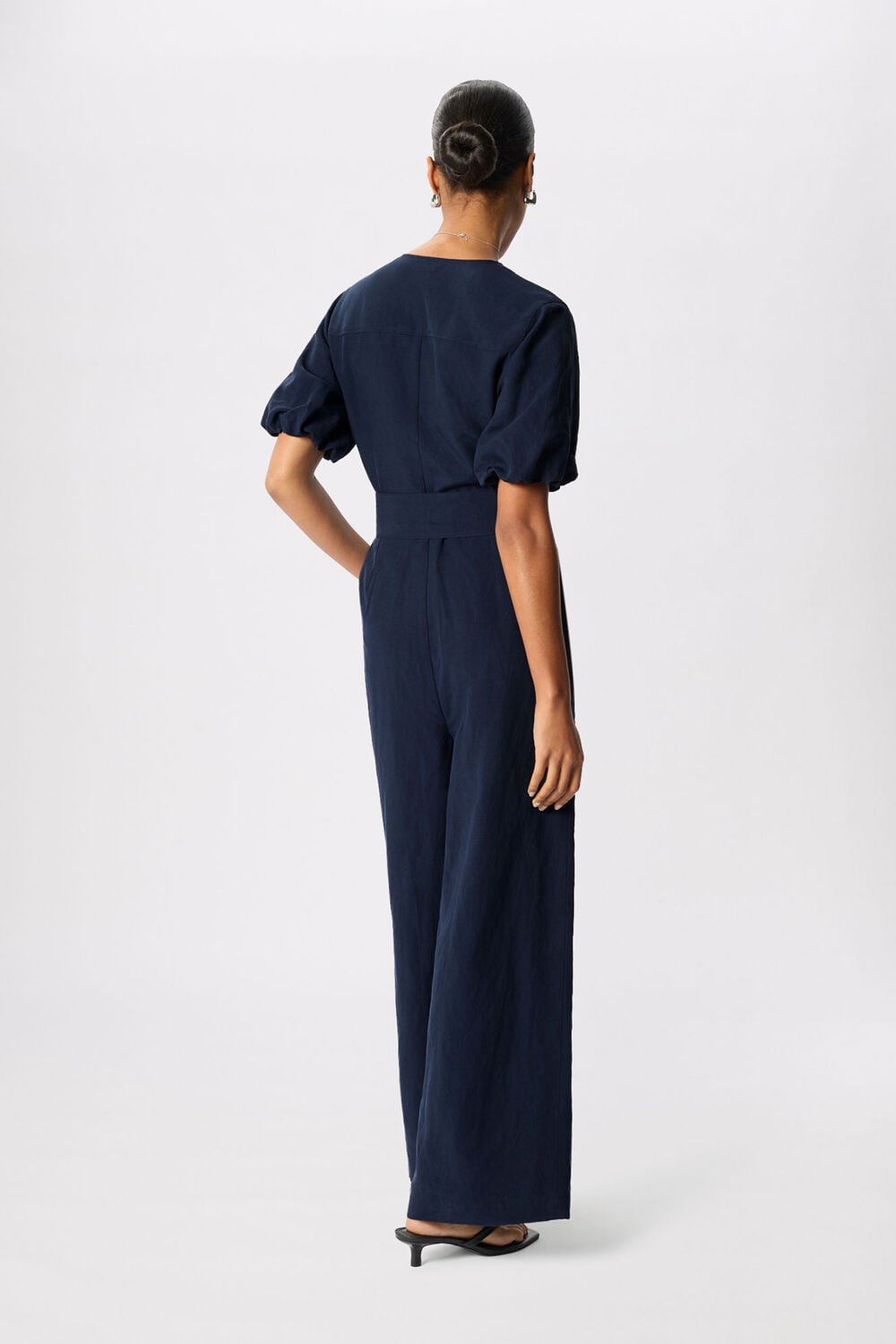Navy Linen Blend Tie Waist Jumpsuit