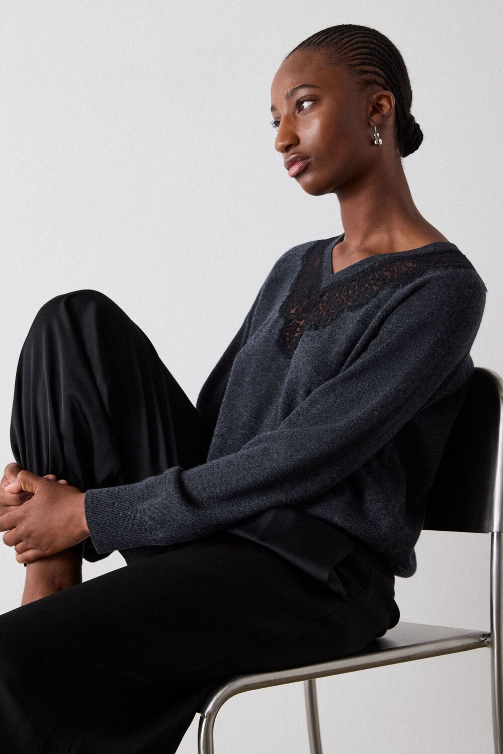 Dark Grey Wool Mix Lace Trim Knit