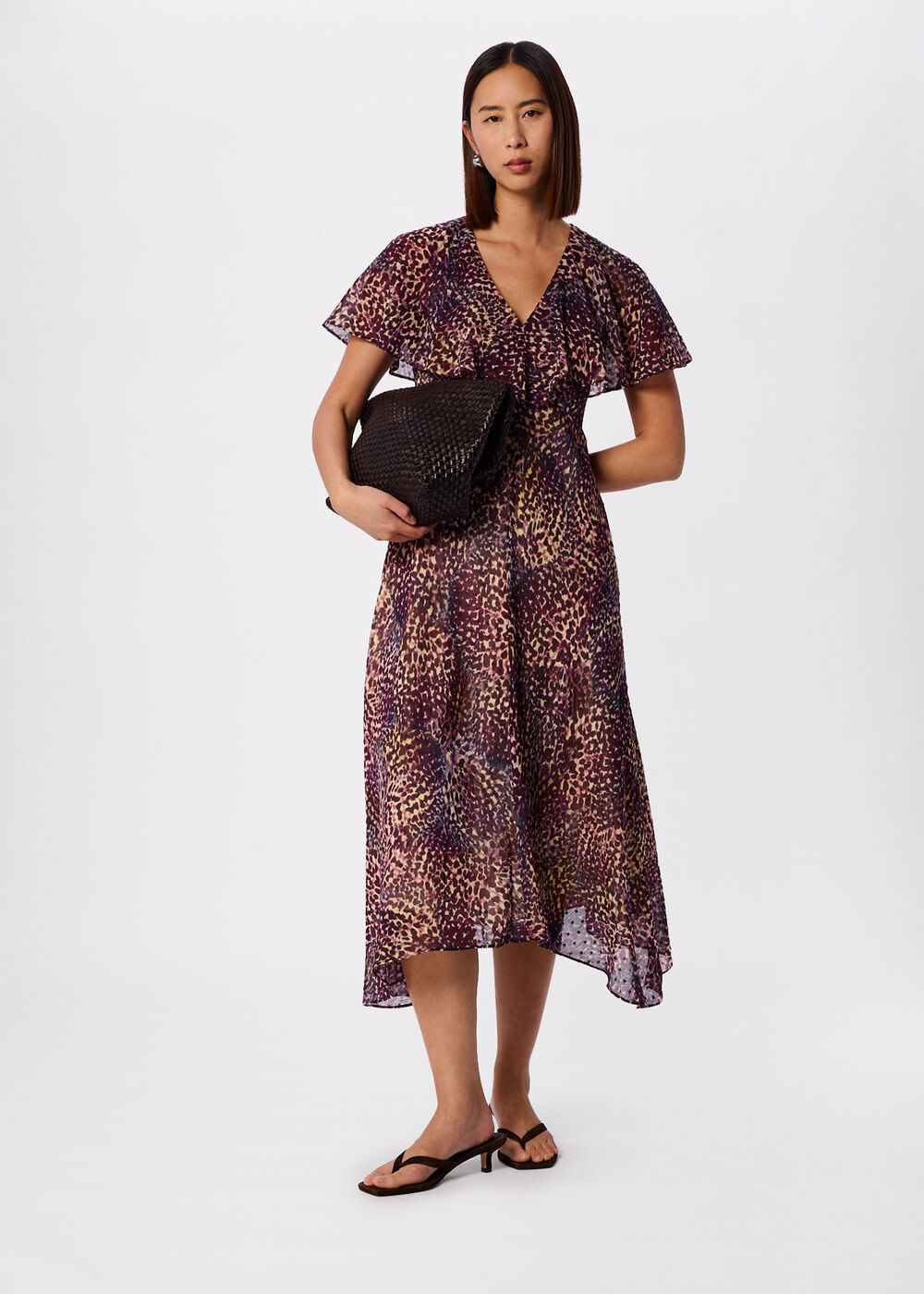 Orchid Print V Neck Midi Dress