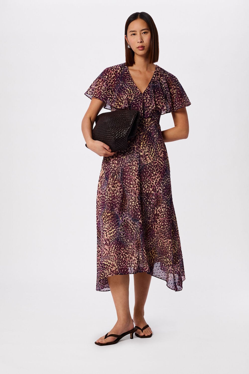 Purple Orchid Print V Neck Midi Dress