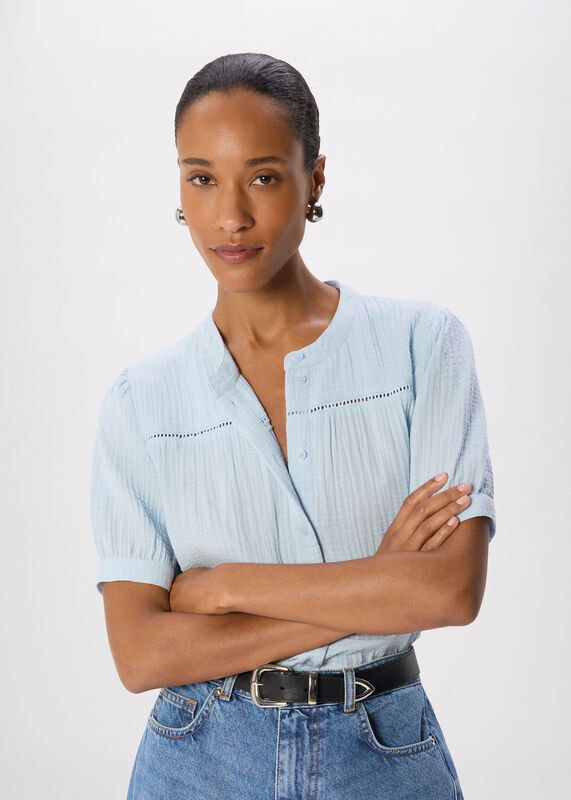 Pale Blue Textured Cotton Frill Top