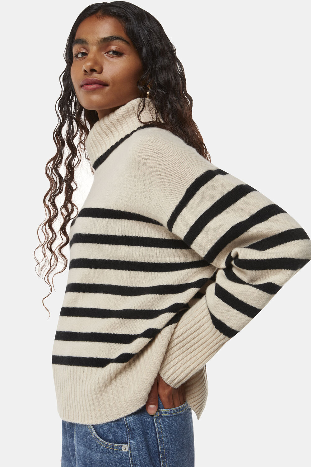 Ivory Petite Stripe Wool Turtleneck Sweater