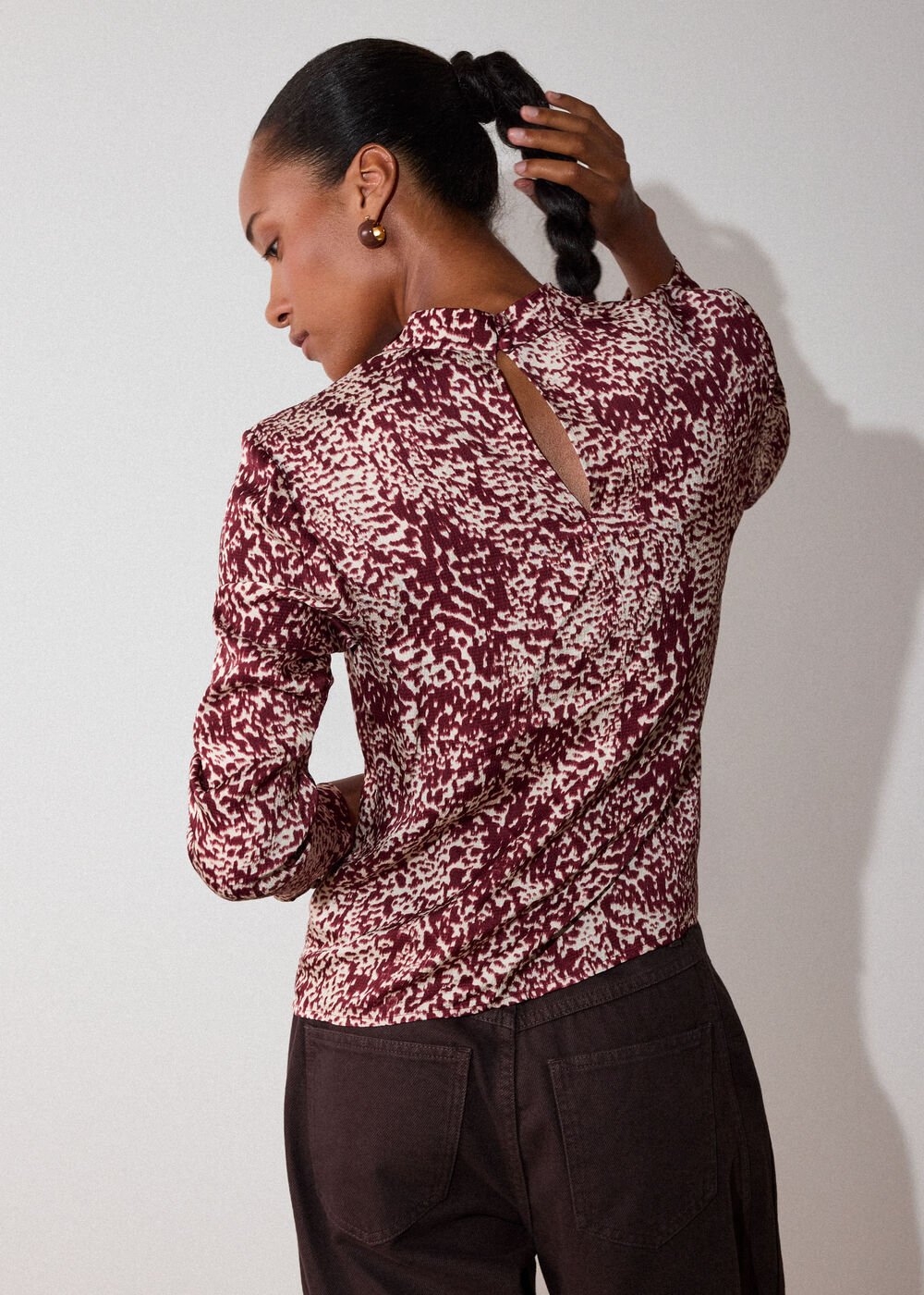 Burgundy Feathered Animal Satin Blouse