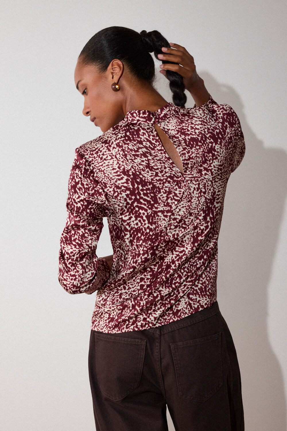 Burgundy Feathered Animal Satin Blouse
