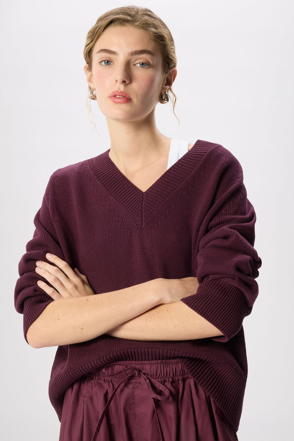 Plum Cotton V Neck Relaxed Knit