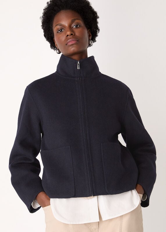 Navy Funnel Neck Double Face Jacket