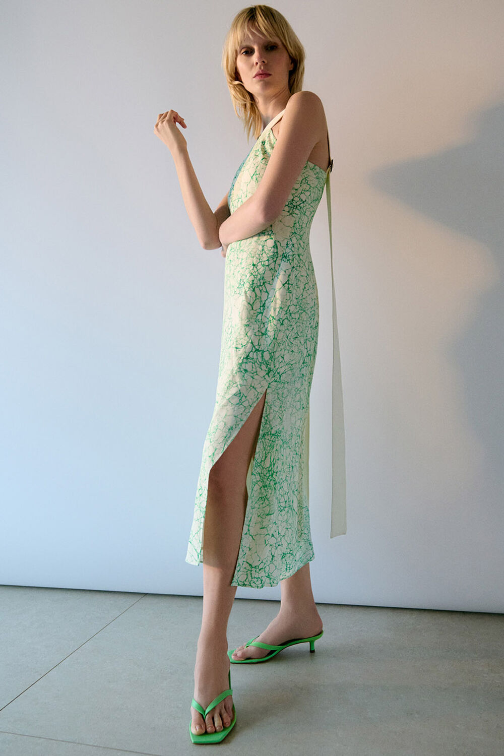 Green Printed Buckle Midi Dress