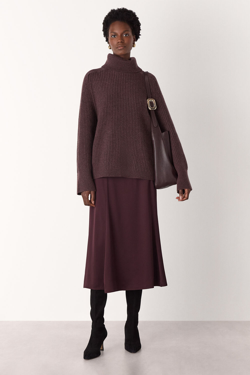 Burgundy Panel Waist Satin Midi Skirt