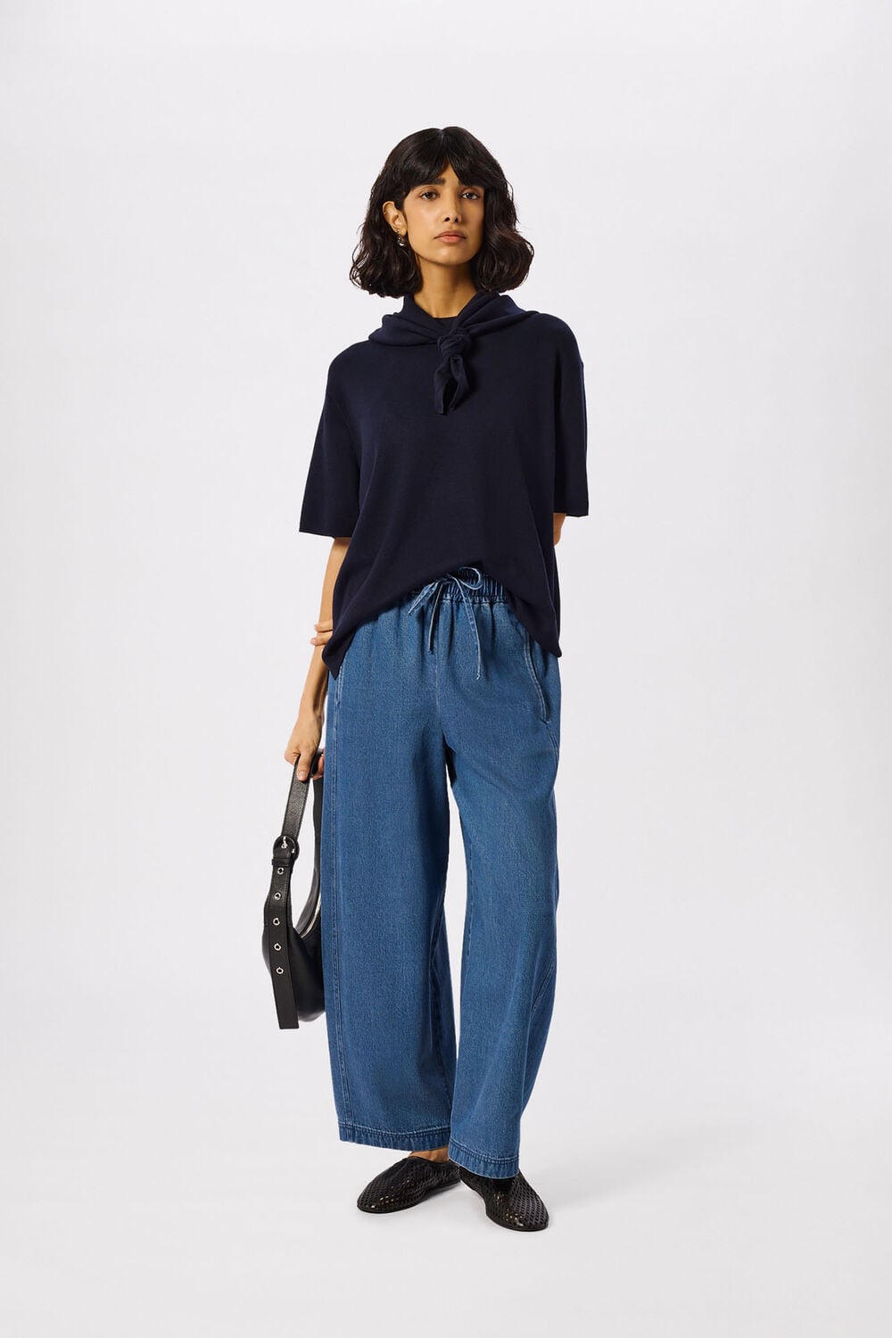 Blue Denim Casual Drawstring Barrel Trouser