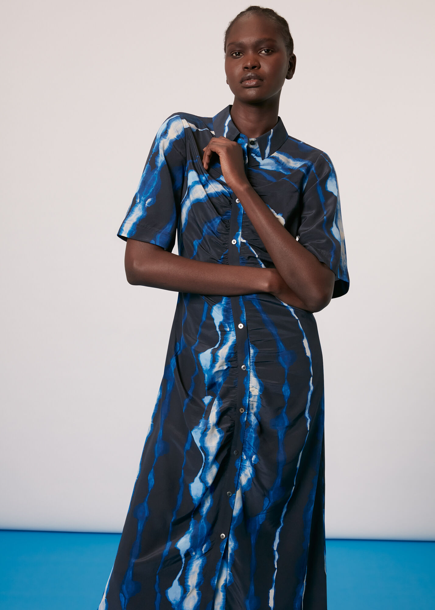 Blue/Multi Shibori Print Silk Midi Dress | WHISTLES | Whistles US |