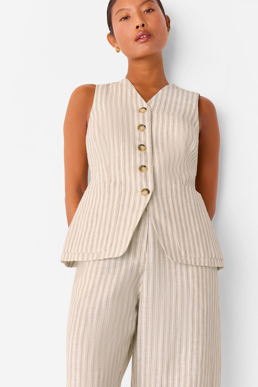 Neutral Petite Linen Stripe Trouser