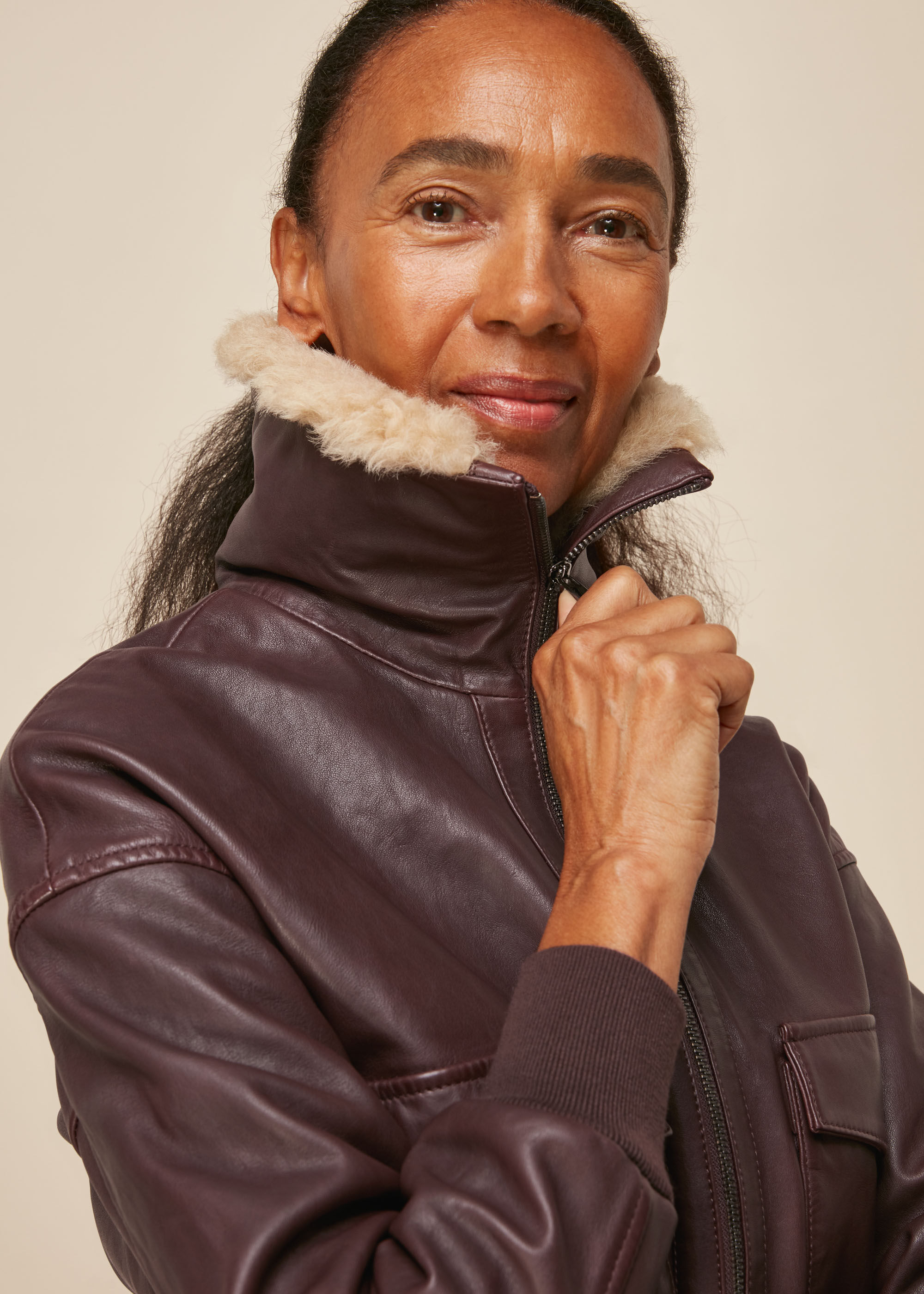 Whistles faux fur sale biker jacket burgundy
