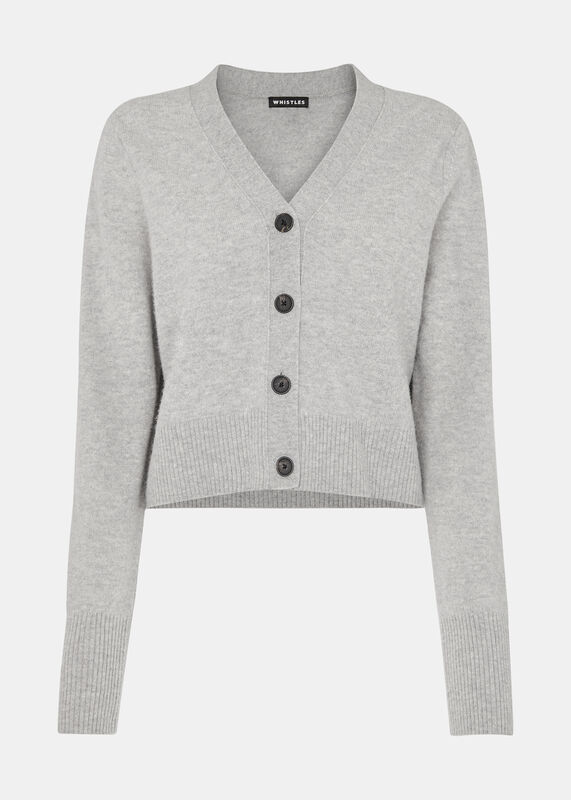 Grey Wool Cropped V Neck Cardigan