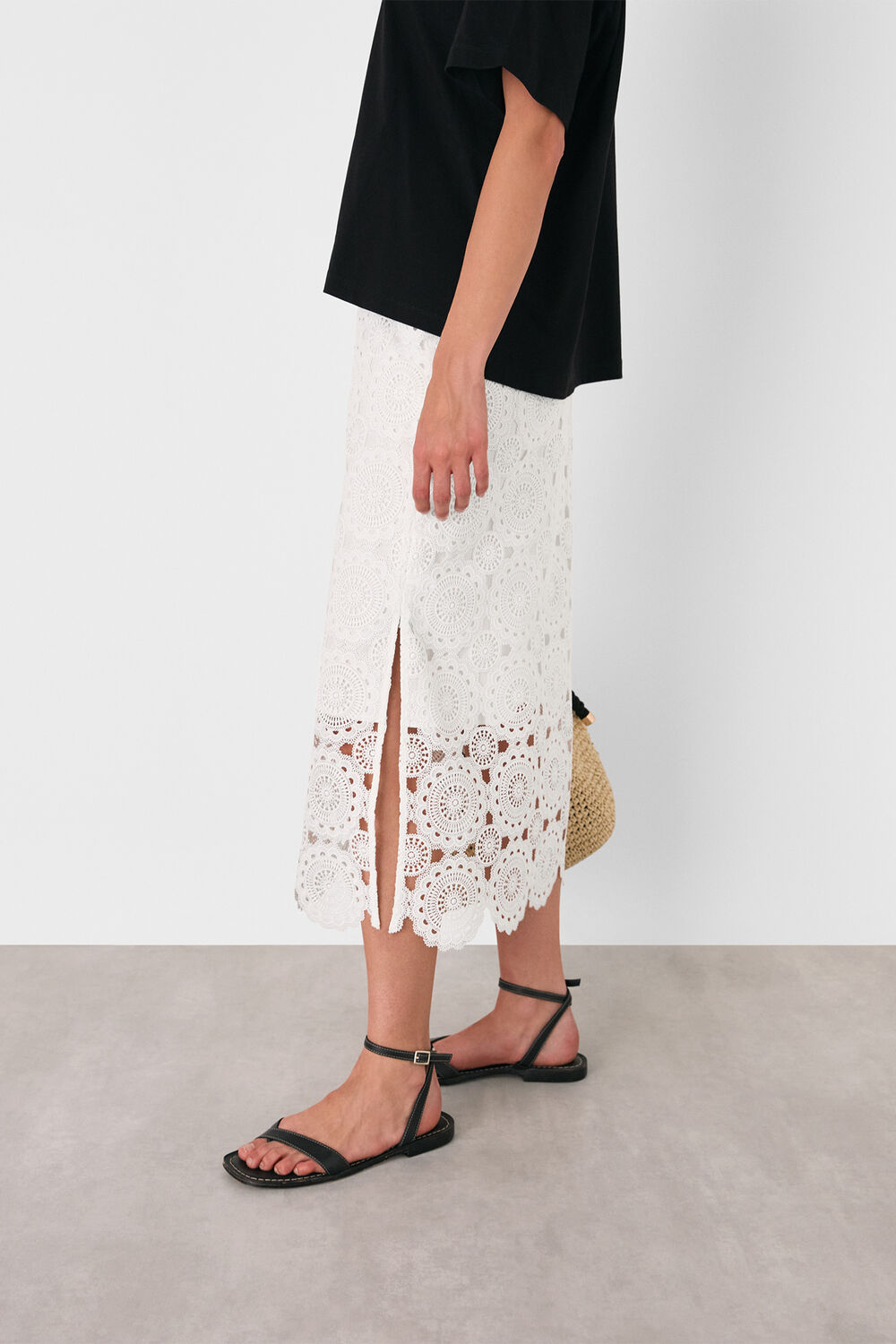 White Lace Column Midi Skirt