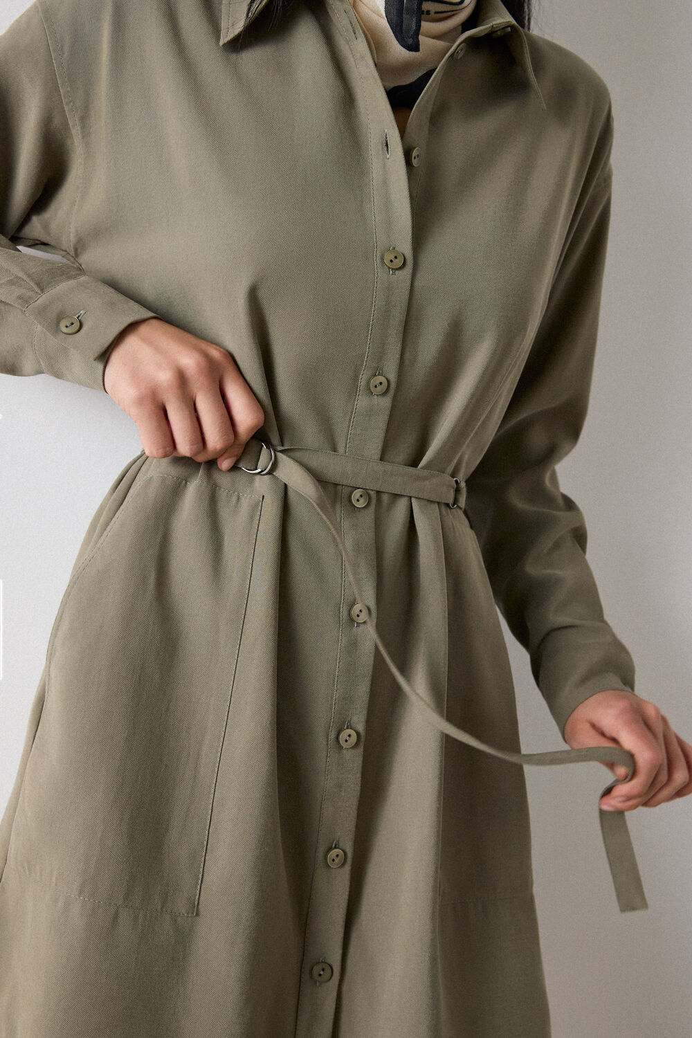 Khaki Ring Detail Shirt Twill Dress