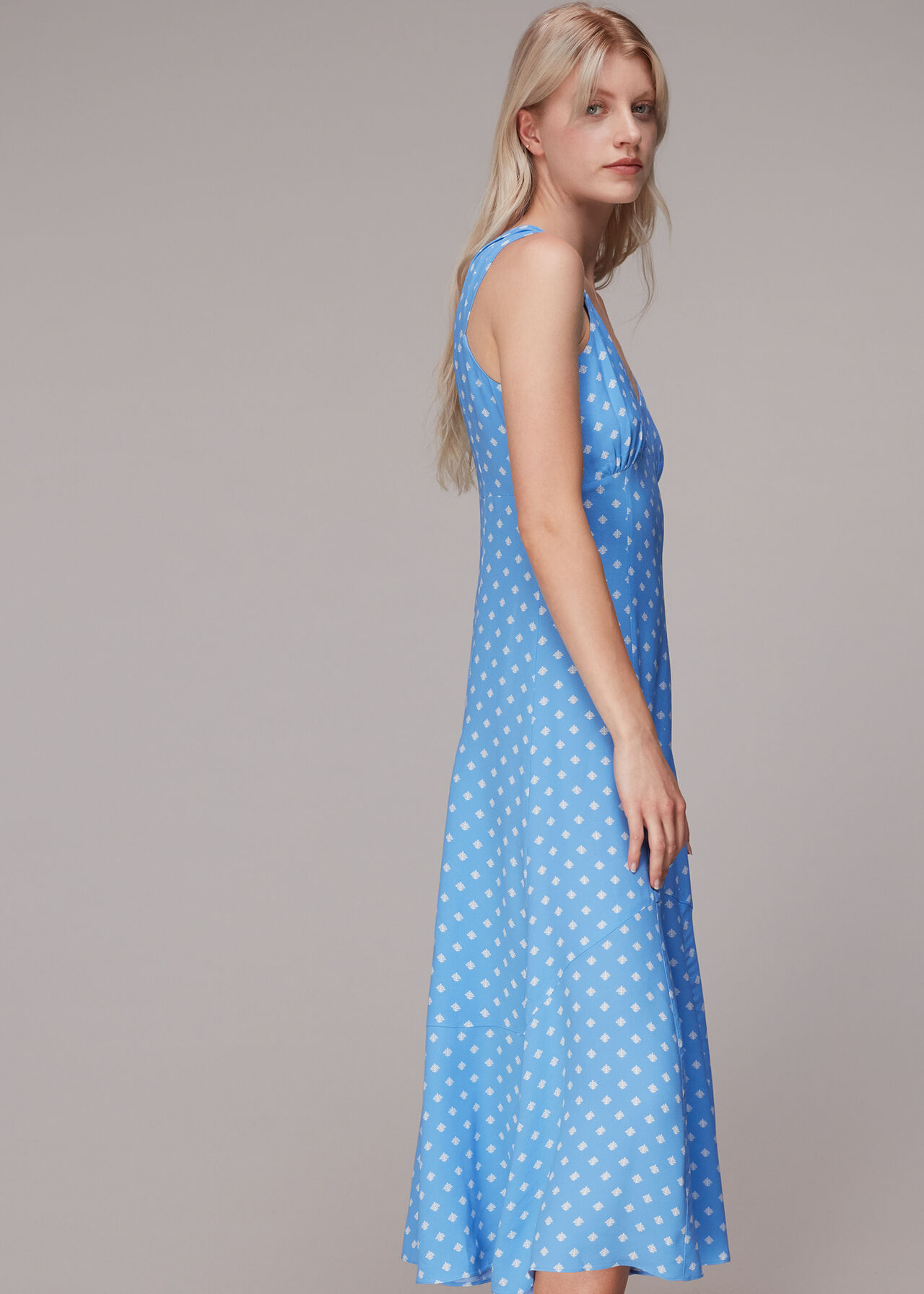 Blue/Multi Rounded Leaf Print Midi Dress | WHISTLES