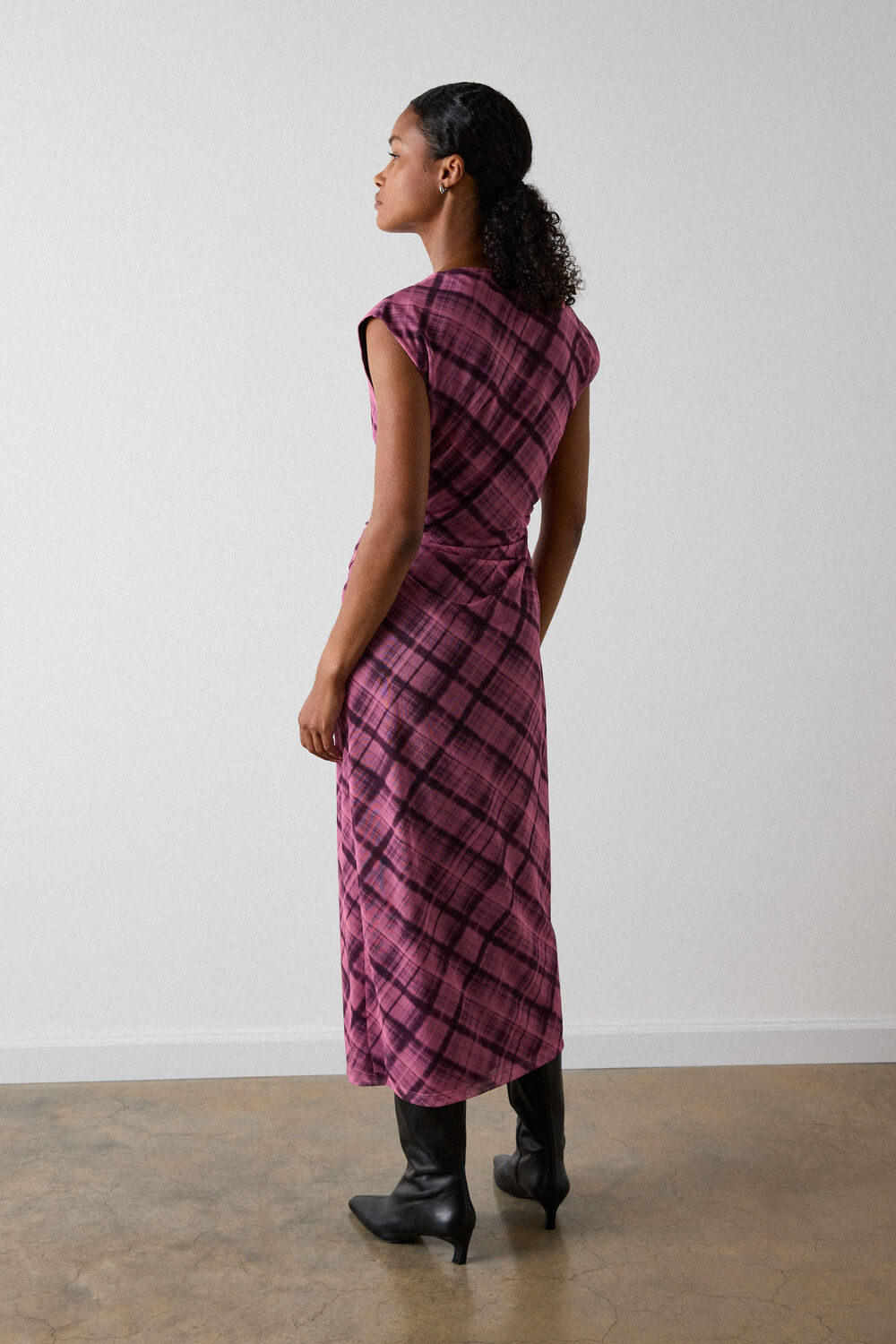 Pink Check Mesh Midi Dress