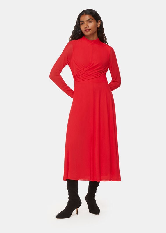 Red Petite Arabella Ruched Mesh Dress