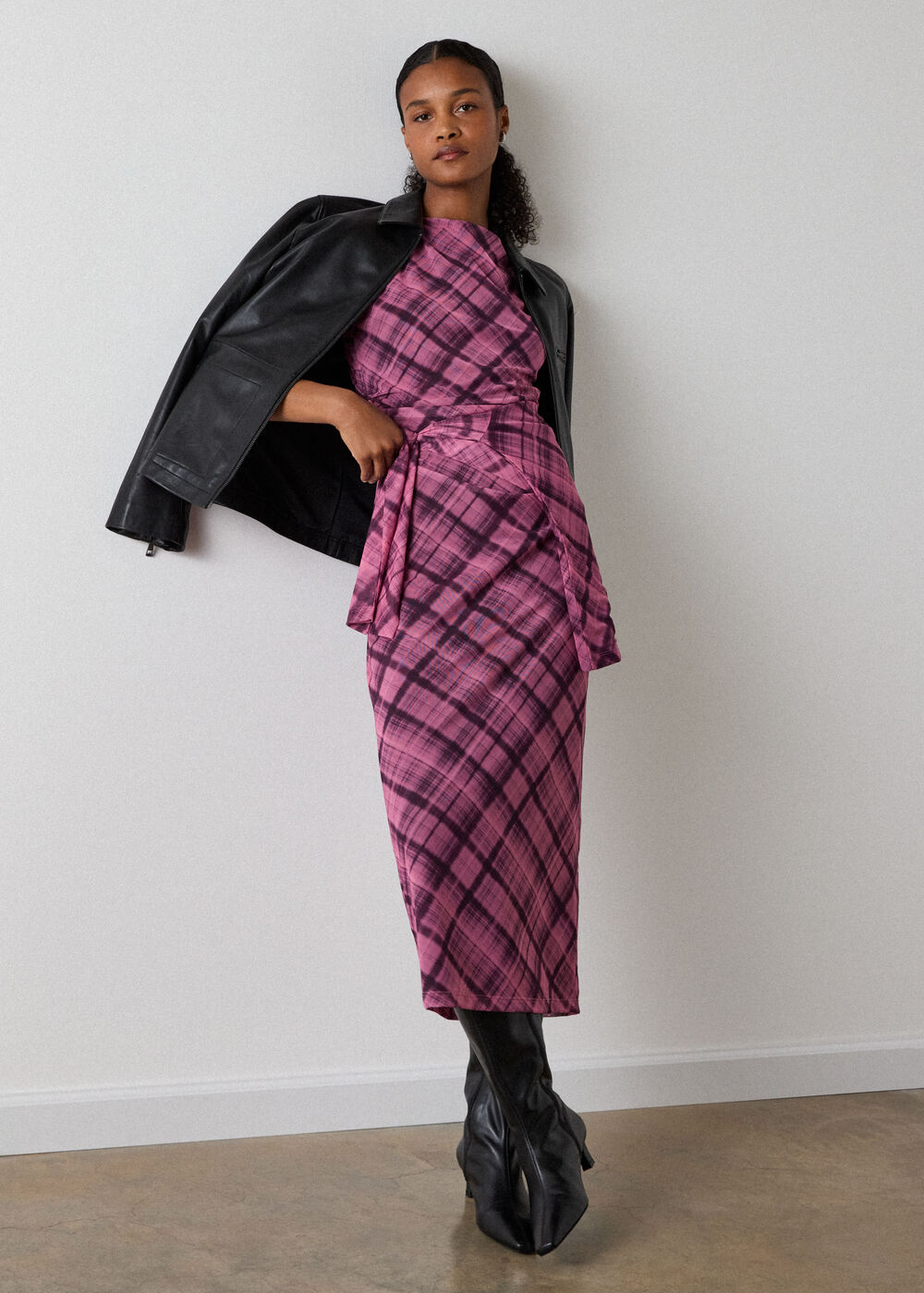 Check Mesh Midi Dress