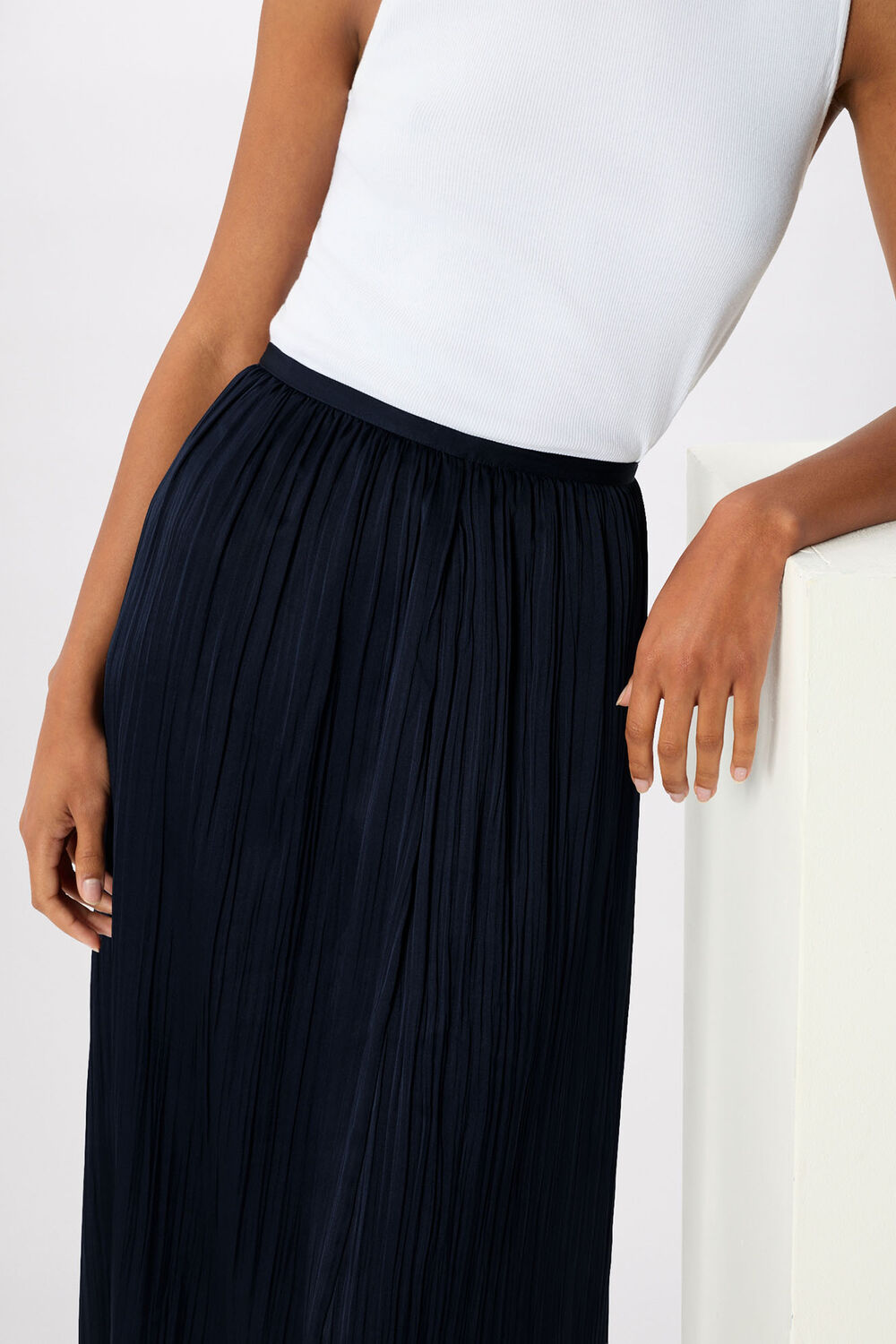 Navy Plisse Column Midi Skirt