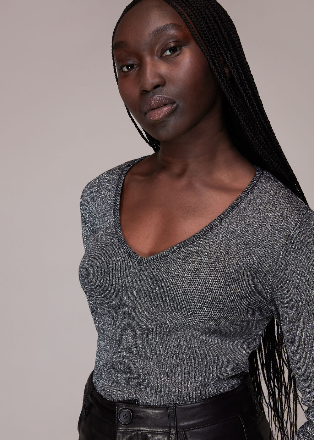 Black Long Sleeve Sparkle V Neck Top