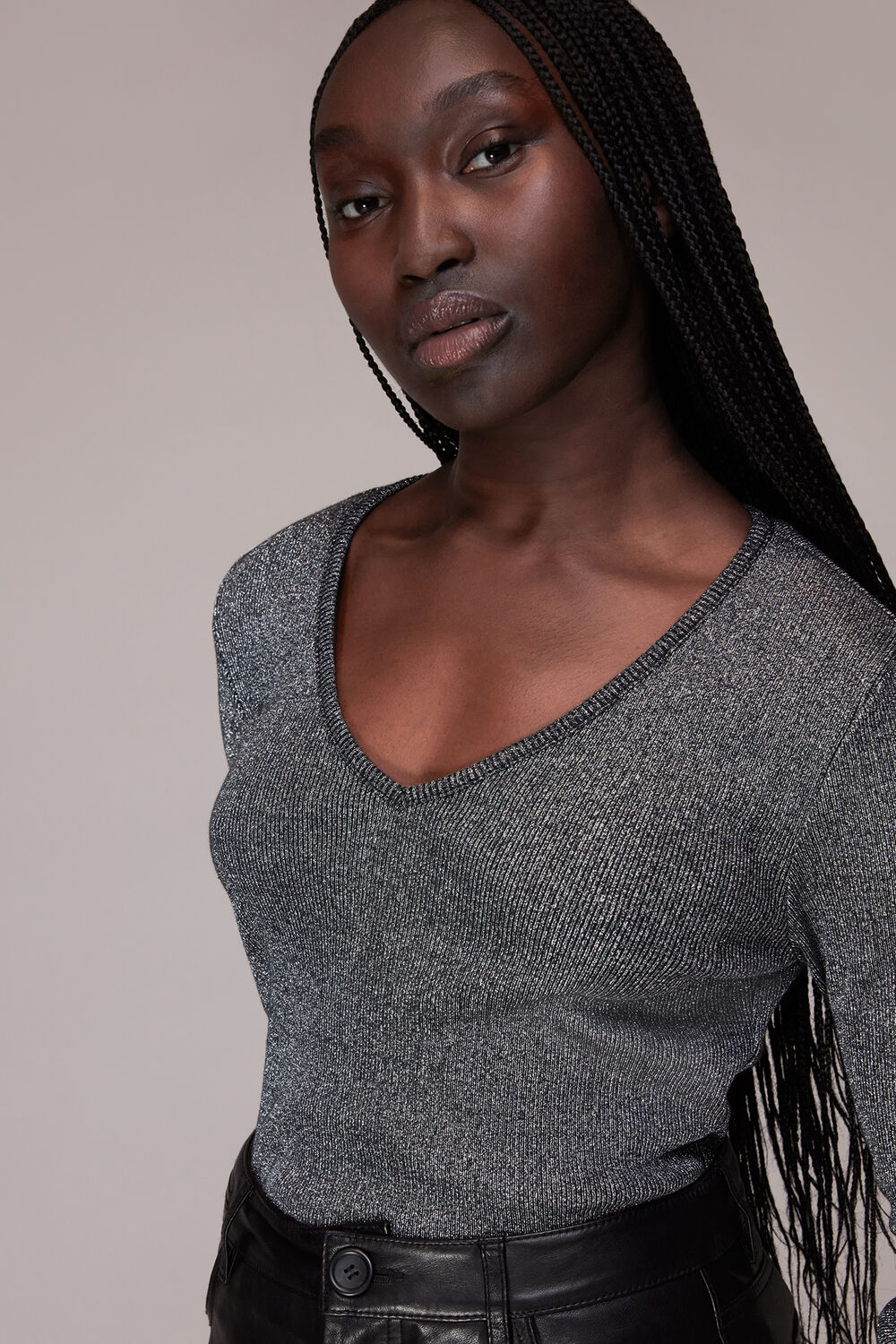 Black Long Sleeve Sparkle V Neck Top
