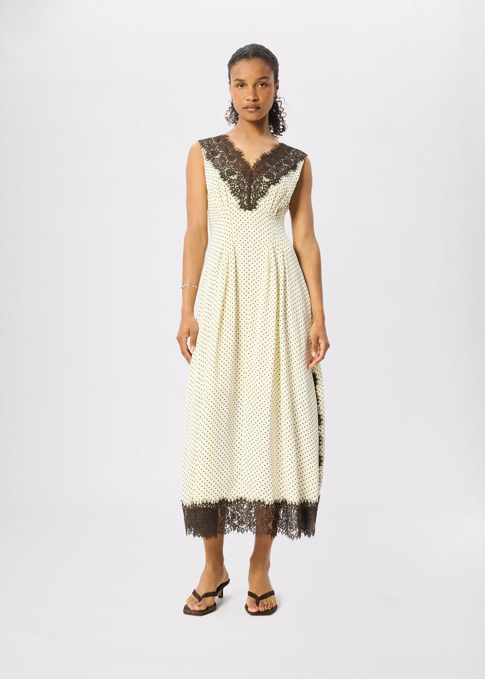 Lace V Neck Spot Midi Dress