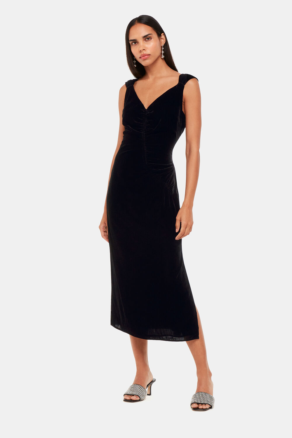 Black Draped Velvet Midi Dress
