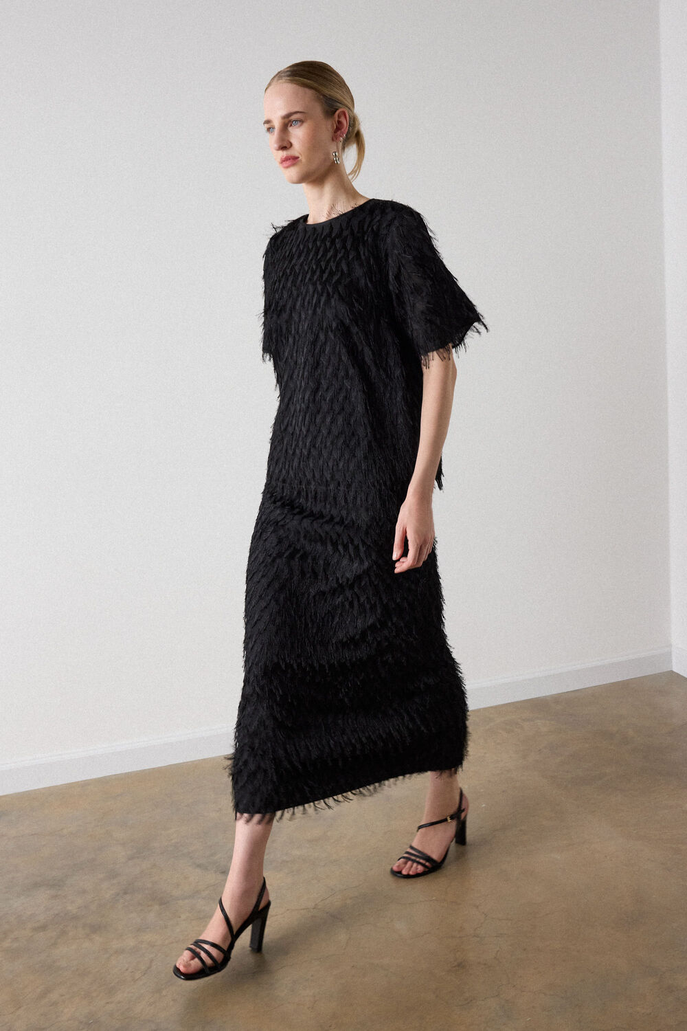 Black Fringe Textured Round Neck Top
