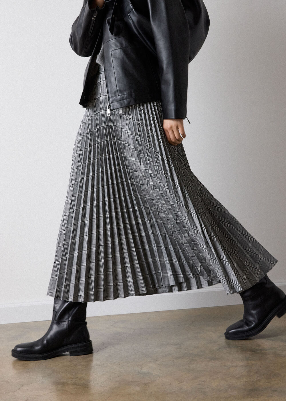 Check Pleated Midi Skirt