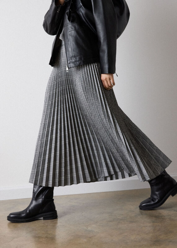 Grey Check Pleated Midi Skirt