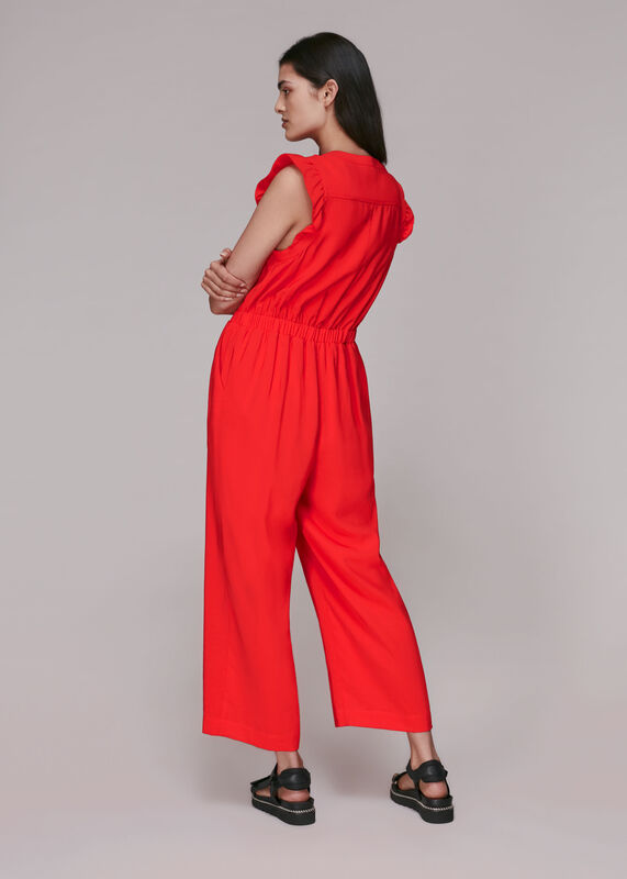 Red Frill Sleeve Button Jumpsuit
