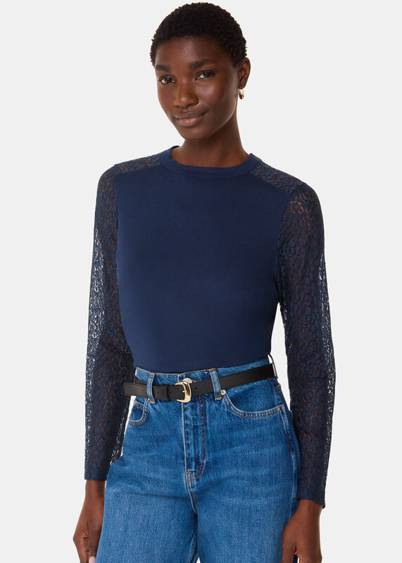Navy Lace Sleeve Detail Top