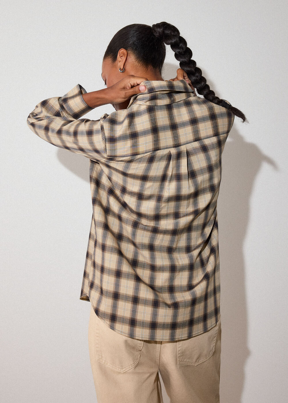 Brown Detachable Scarf Check Shirt