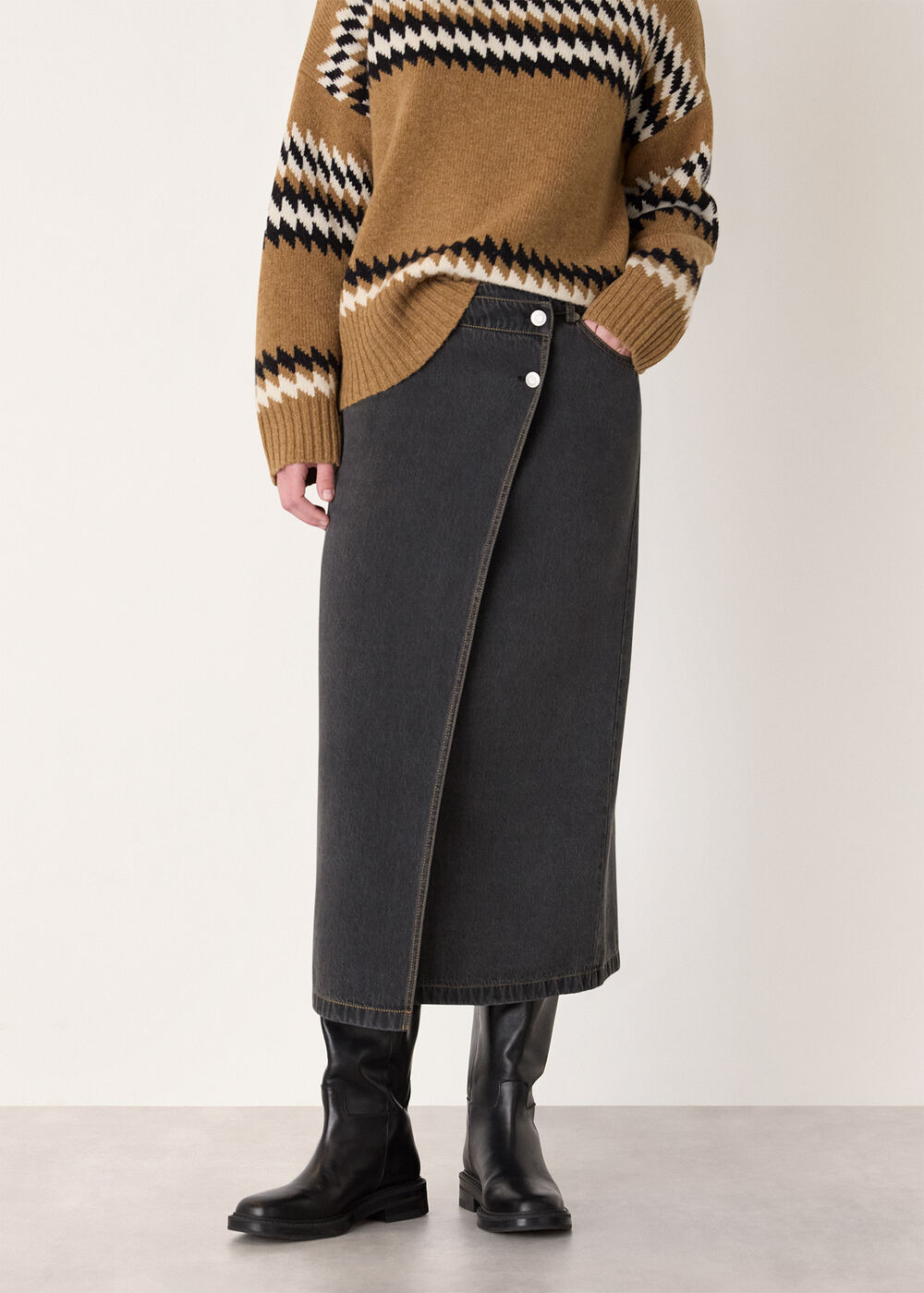 Denim Button Wrap Midi Skirt