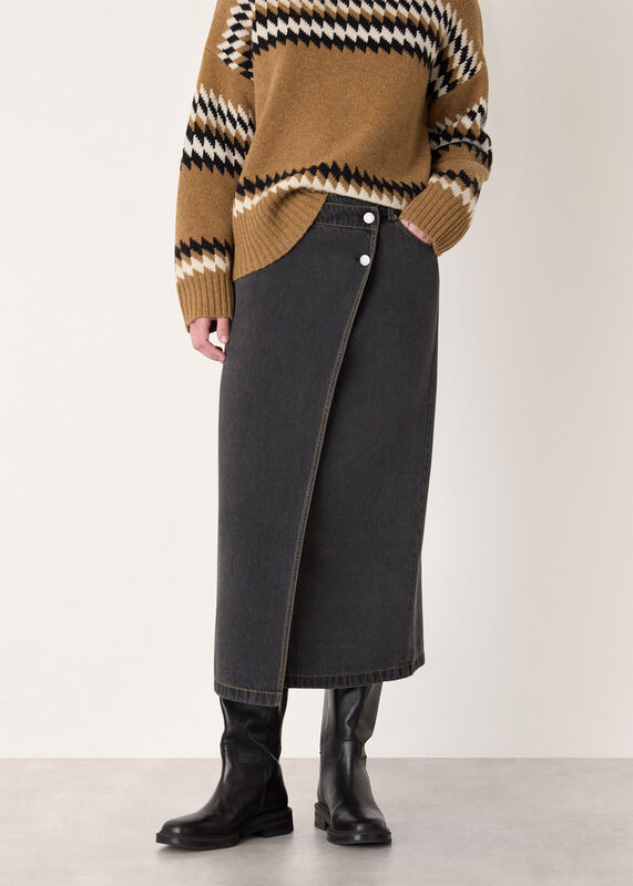 Denim Button Wrap Midi Skirt