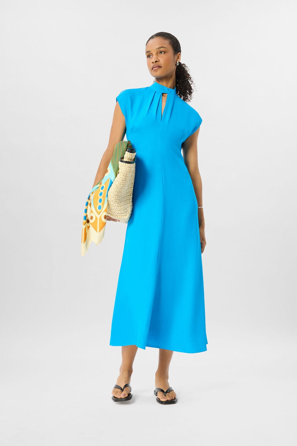 Blue Petite Twist Neck Crepe Midi Dress