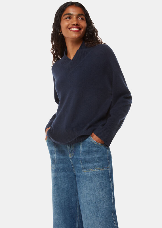 Navy Petite Cashmere V Neck Sweater