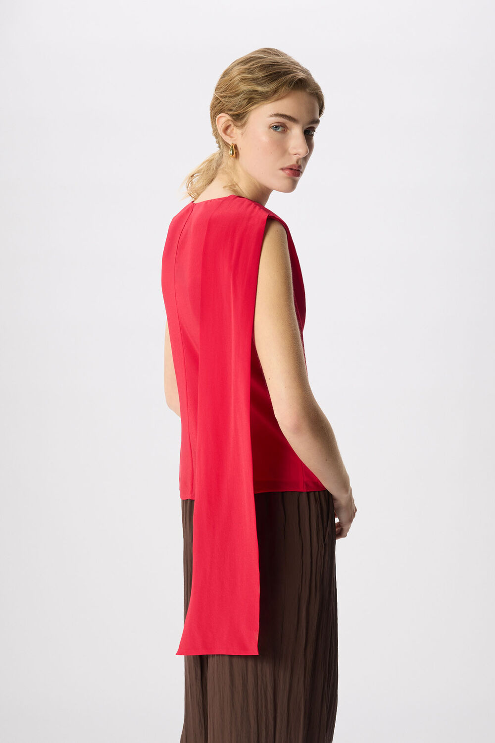 Red Cowl Neck Silk Drape Top