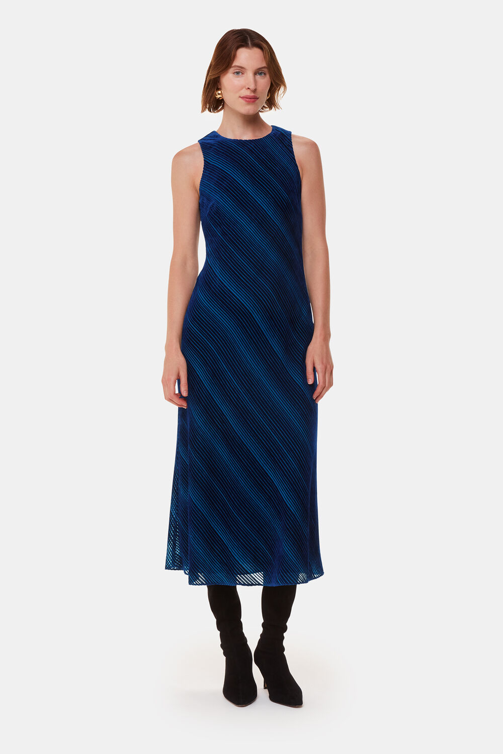Blue Devore Stripe Velvet Dress