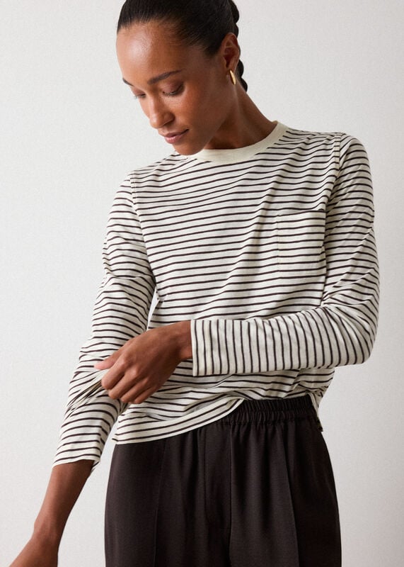 Brown Stripe Crew Neck Pocket Top