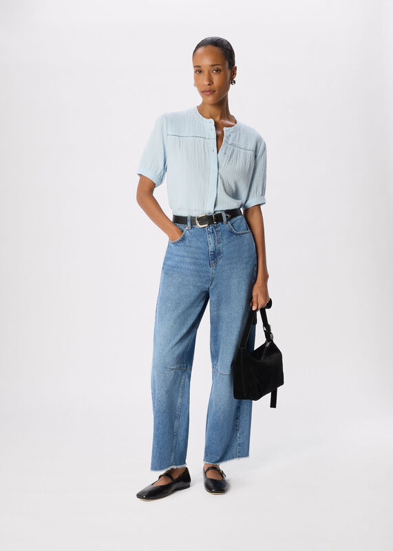Pale Blue Textured Cotton Frill Top